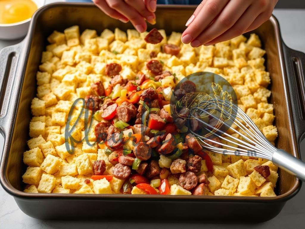 Diced vegetables being sautéed in a pan, a key step in preparing a gluten-free breakfast casserole.