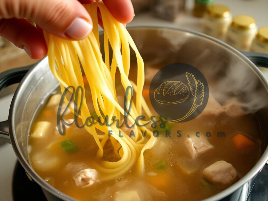 A hand adding gluten free noodles to a simmering pot of chicken noodle soup, with steam rising from the broth.