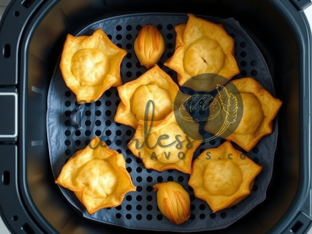 Gluten free crab rangoons cooking in an air fryer basket