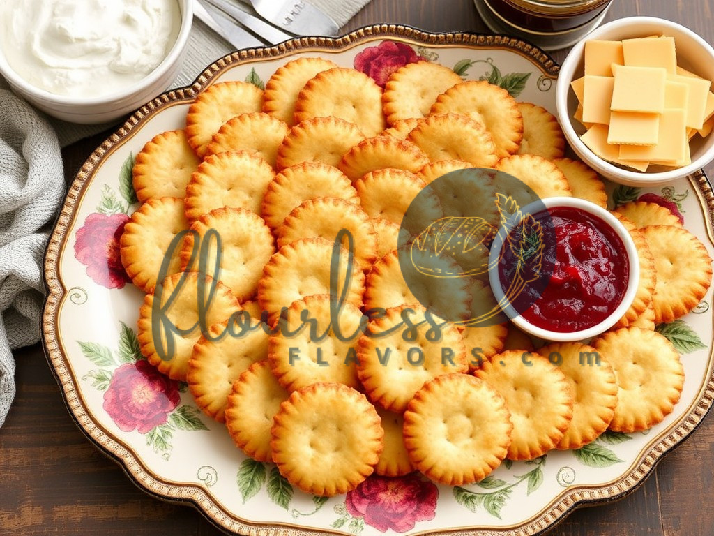 Finished gluten free Ritz crackers on a platter with cheese and dips for serving.