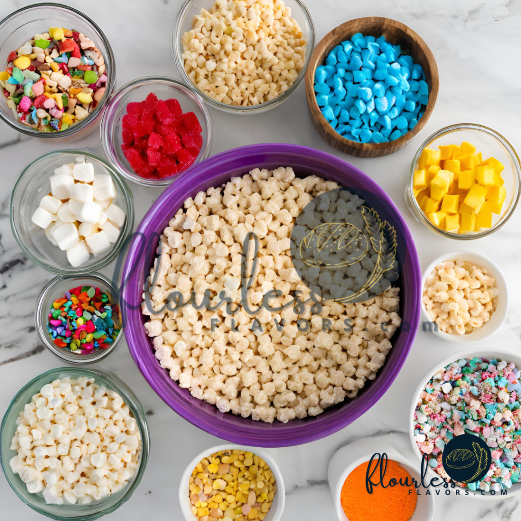 A colorful array of ingredients for gluten-free Rice Krispie treats, including Rice Krispies cereal, marshmallows, and butter.