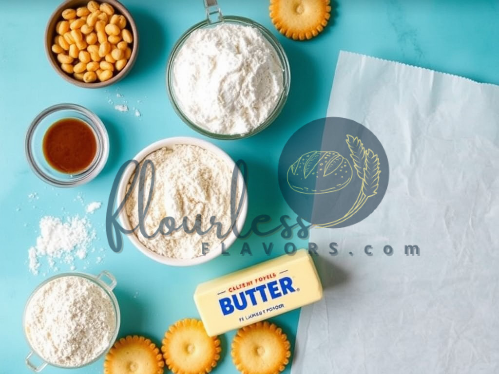 Flat lay of ingredients for gluten free Ritz crackers: gluten free flour, baking powder, cold unsalted butter, and parchment paper.