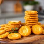 Platter of homemade gluten free Ritz crackers with cheese and herbs against a blurred kitchen background.