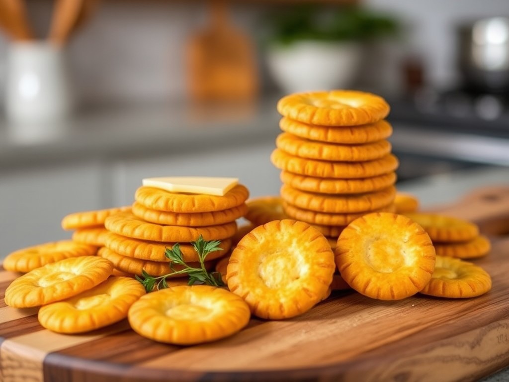 Platter of homemade gluten free Ritz crackers with cheese and herbs against a blurred kitchen background.