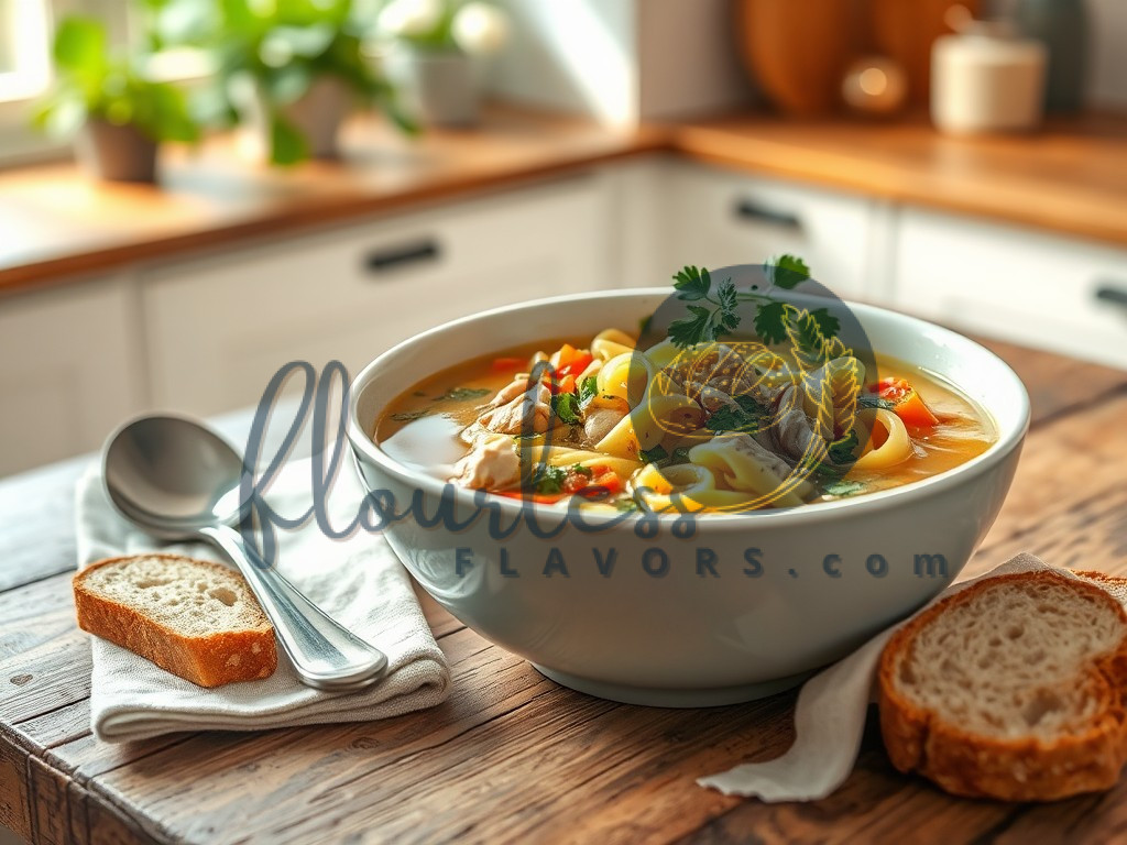 A bowl of gluten free chicken noodle soup garnished with parsley, served with gluten free bread on a rustic table.