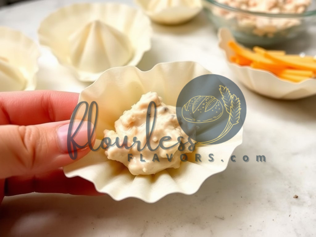 Folding gluten free wonton wrapper with crab rangoon filling inside