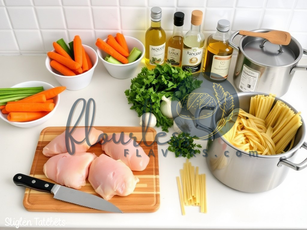 All the fresh ingredients you need to make a comforting bowl of gluten free chicken noodle soup.