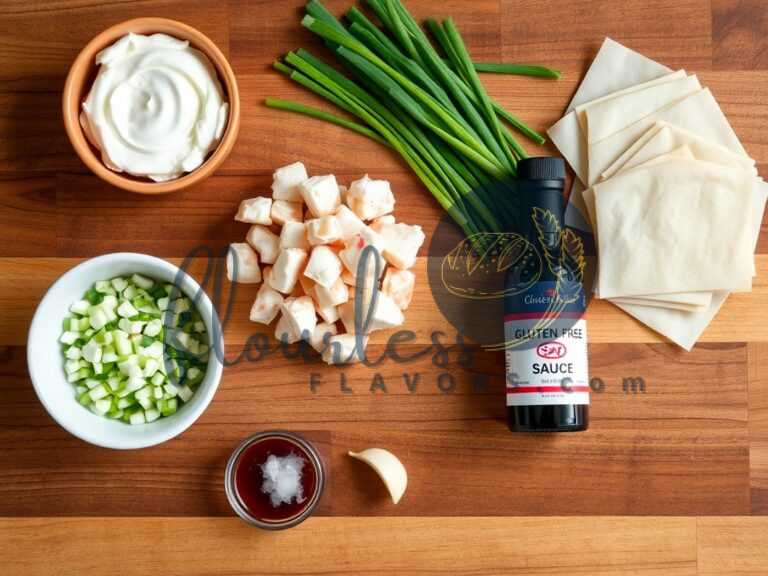 Ingredients for gluten free crab rangoon with crab meat, cream cheese, green onions, and gluten free soy sauce