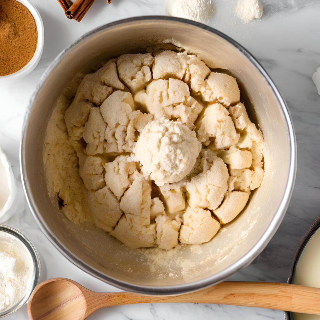 Close-up of gluten-free monkey bread dough being mixed in a bowl