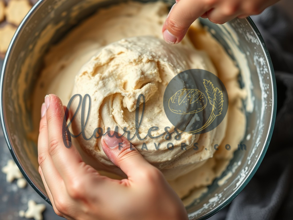 Close-up of hands mixing dough for gluten free Ritz crackers in a mixing bowl