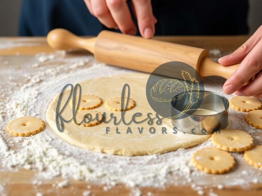 Rolling out gluten free cracker dough on a floured surface with a rolling pin and cookie cutters.