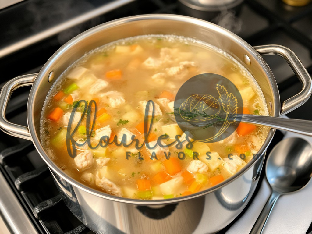 A silver pot of gluten free chicken noodle soup simmering on the stove, with visible vegetables, chicken, and steam rising.