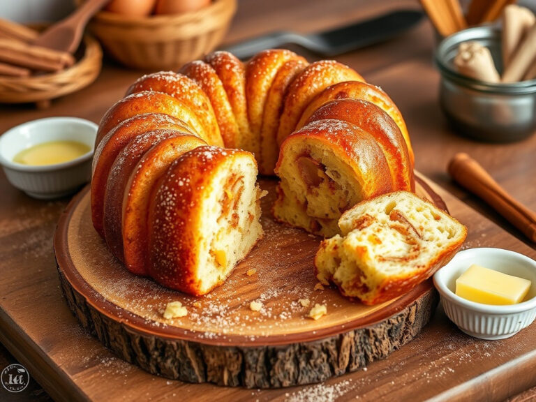 Freshly baked gluten free monkey bread on a wooden serving board, with pieces pulled apart to show the texture.