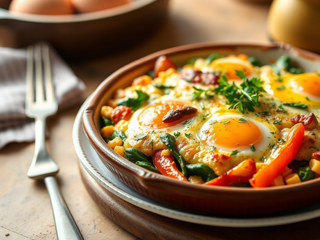 A gluten-free breakfast bake with sausage, eggs, and vegetables, topped with dairy-free cheese, served in a casserole dish