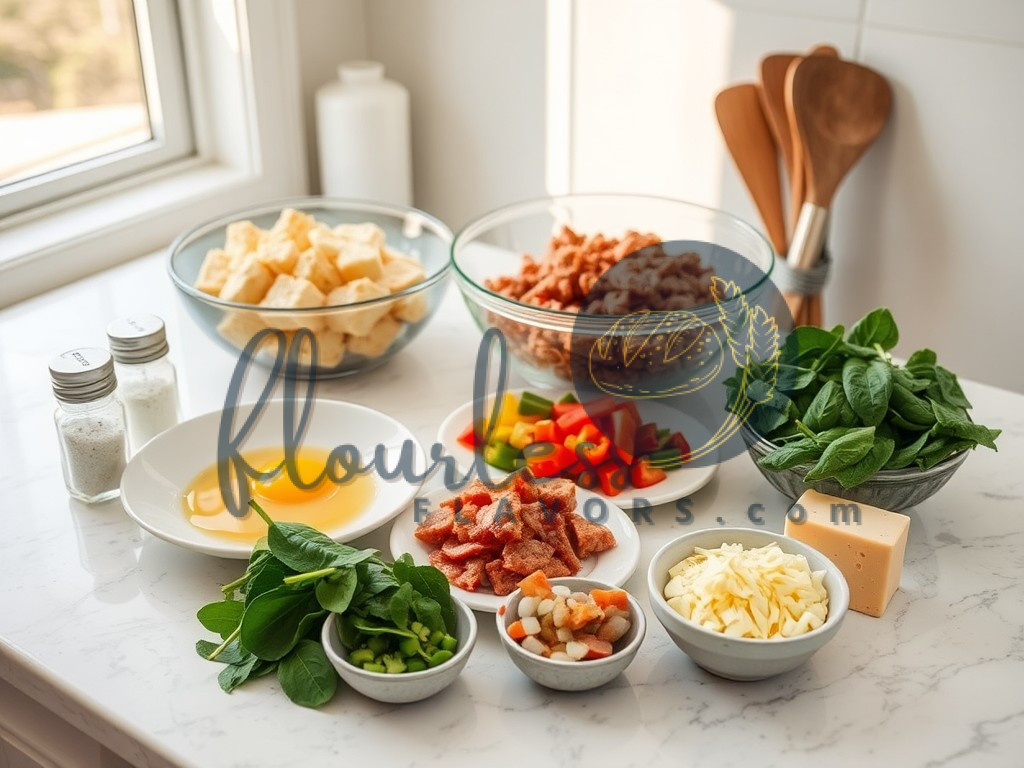 A clean kitchen counter showcasing the ingredients for a gluten-free breakfast casserole, including gluten-free bread, eggs, sausage, spinach, and dairy-free cheese.