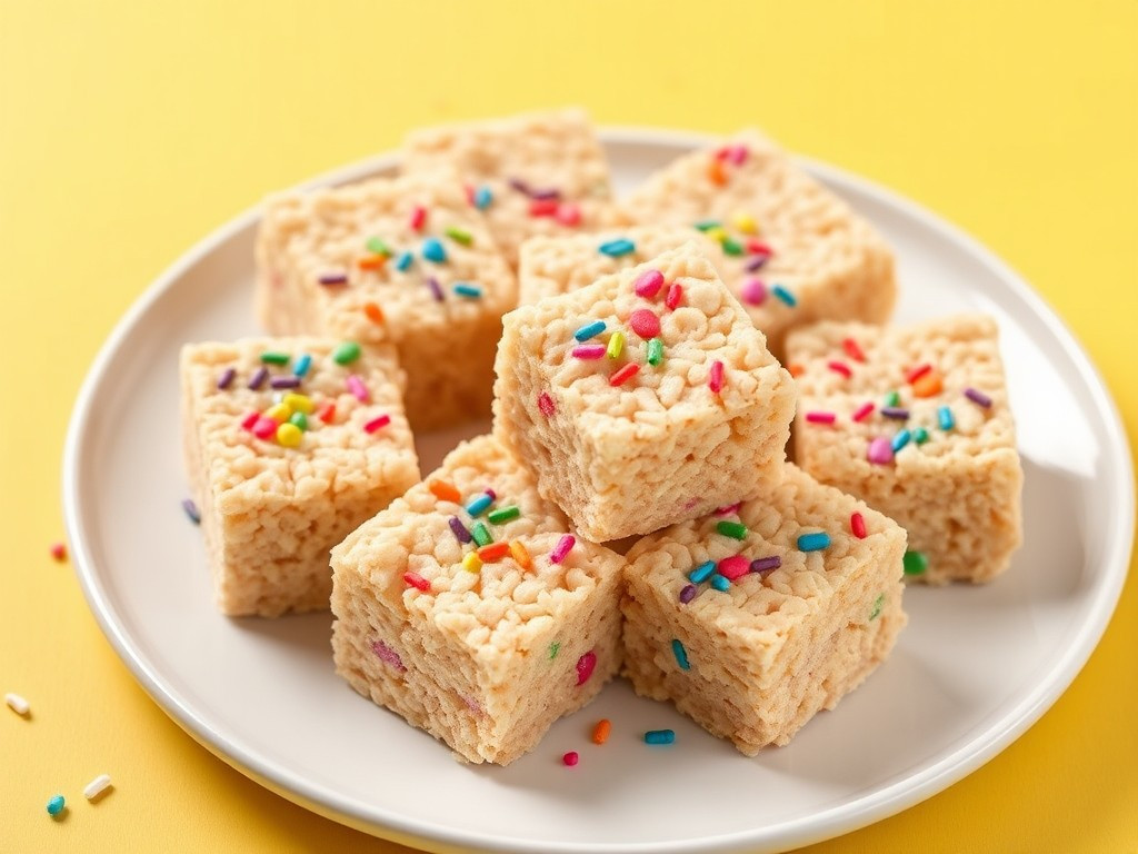 Plate of gluten-free Rice Krispie treats garnished with colorful sprinkles on a rustic wooden table.