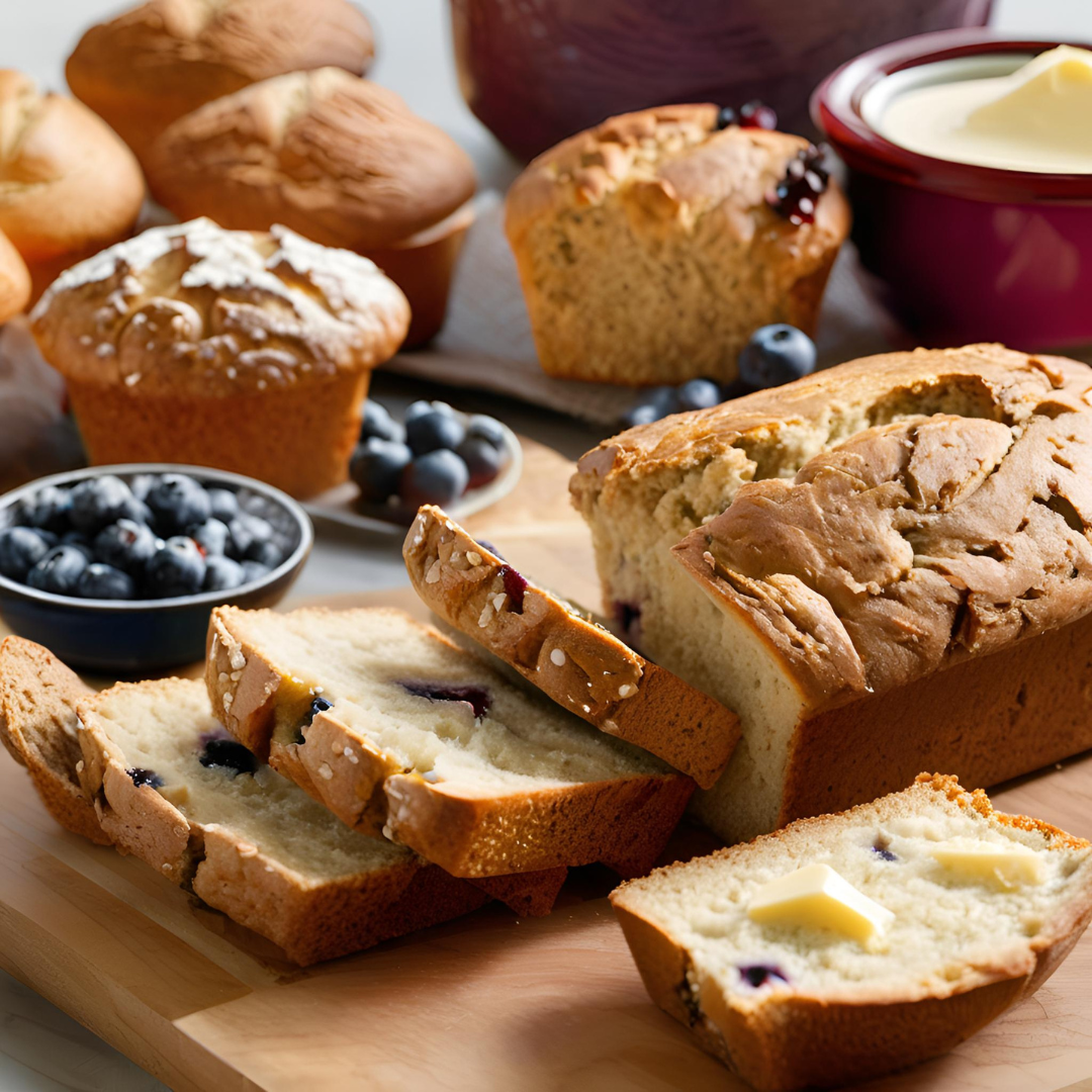 Gluten-free bread and muffins on a wooden cutting board