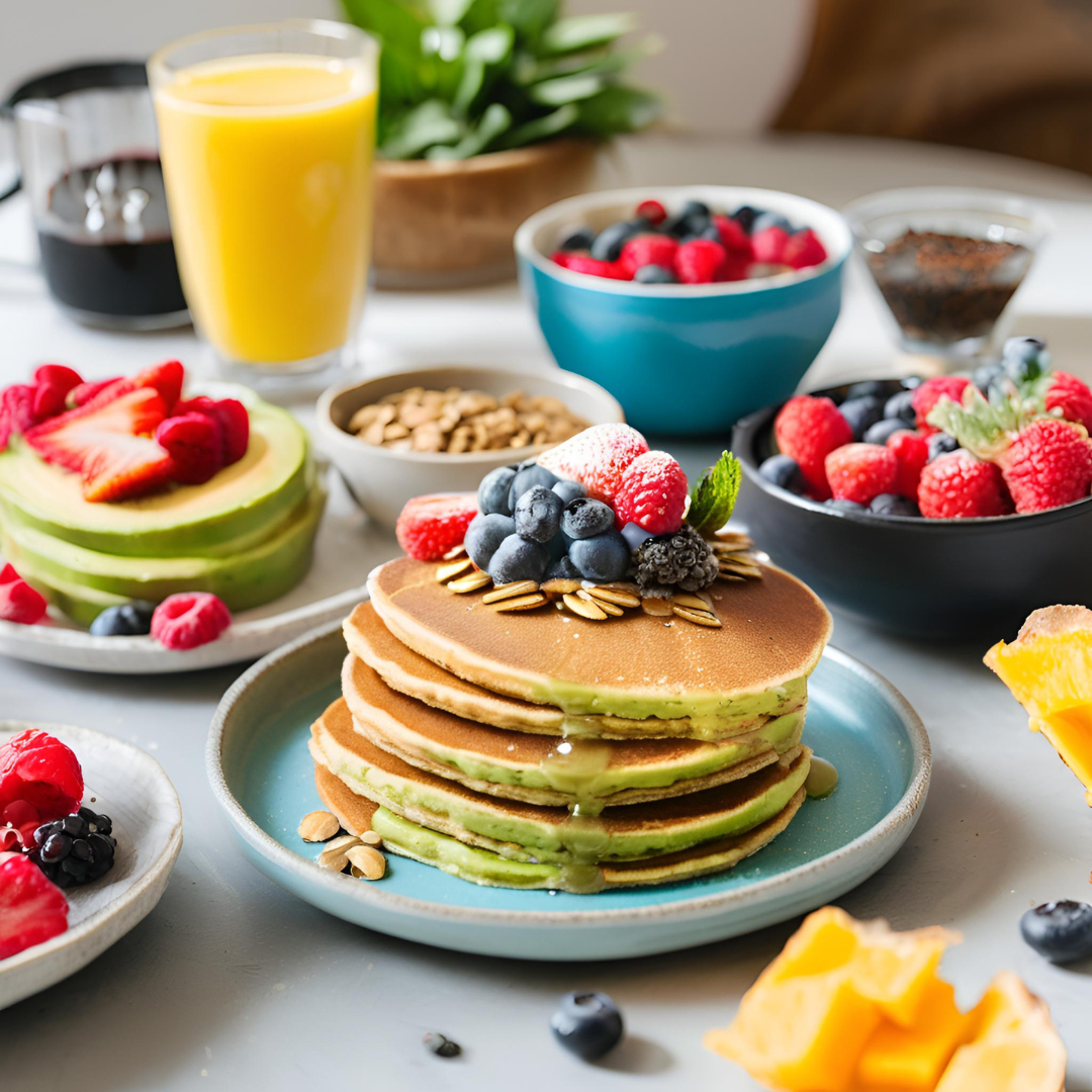 Gluten-free breakfast spread with pancakes, avocado toast, and smoothie bowl