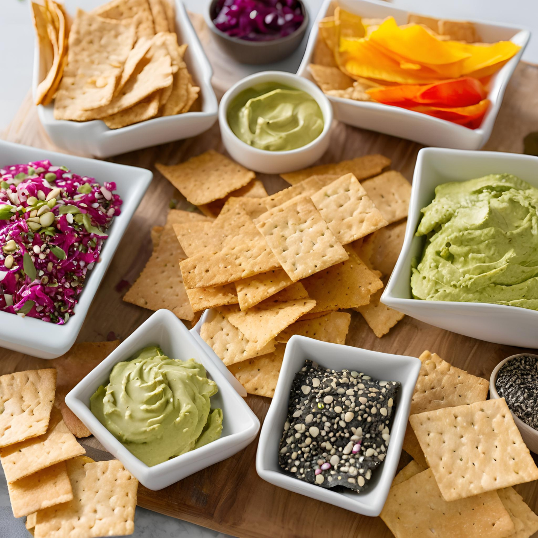 Gluten-free crackers and chips with a dip on a rustic table