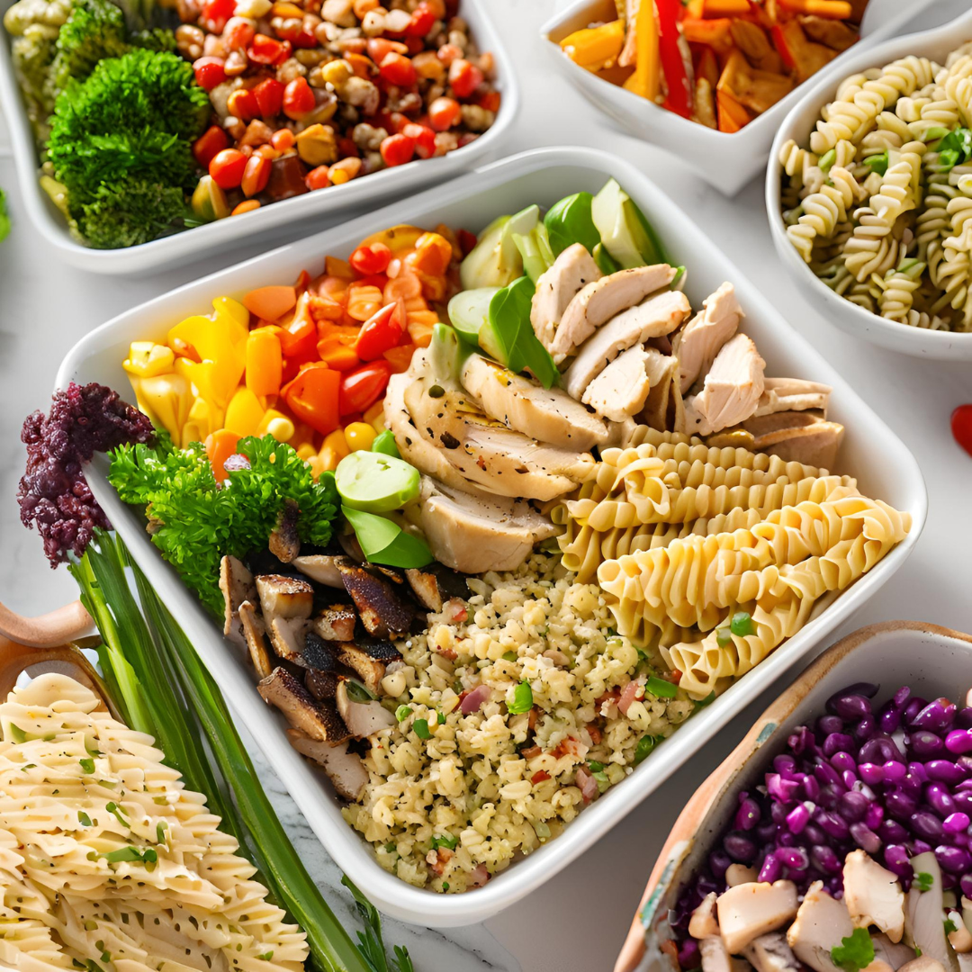 Gluten-free lunch and dinner dishes including quinoa salad, grilled chicken, and pasta