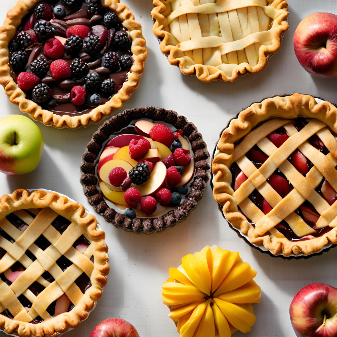 Variety of gluten-free pies and tarts on a rustic table