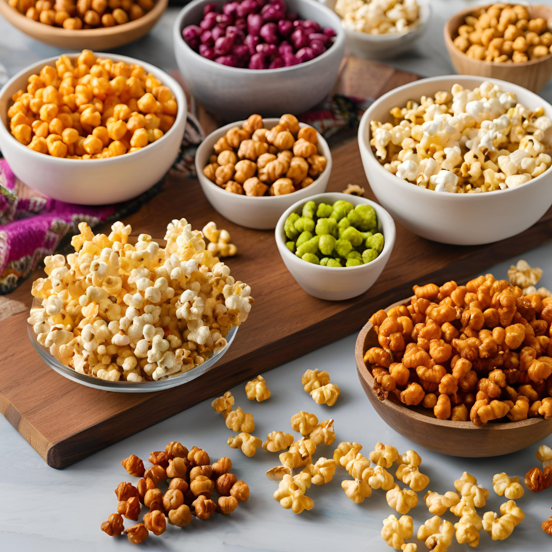 Assorted gluten-free savory snacks like roasted chickpeas and vegetable chips