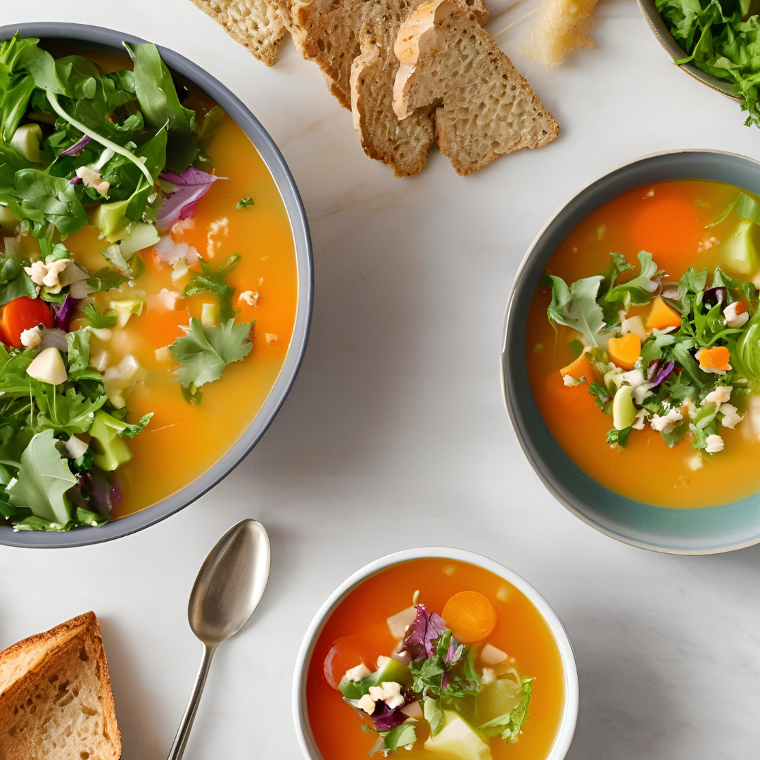 A bowl of vegetable soup and a fresh gluten-free salad